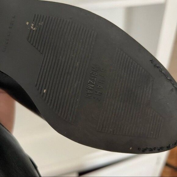 Stuart Weitzman Black Smooth Leather Tiny Bow Block Heel Loafers - Picture 5 of 11